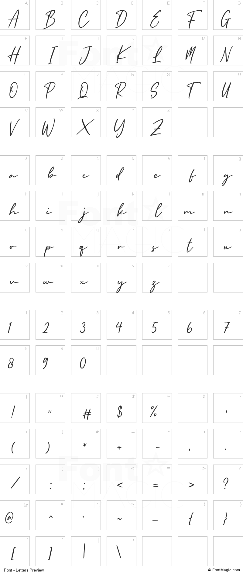England Signature Font - All Latters Preview Chart